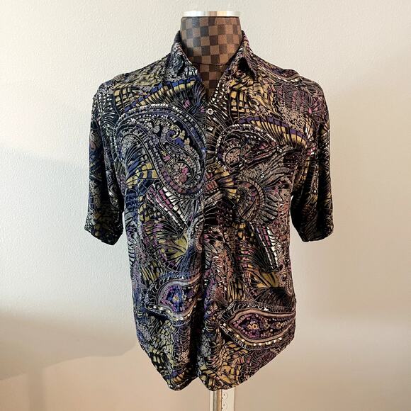 Vtg Goouch Mens Short Sleeve Shirt Medium Butterfly Paisley Print Button Up 80s - Picture 2 of 6